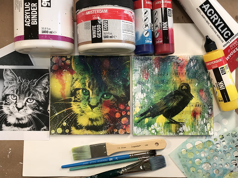 Technique mixte, collage et coloration avec encre acrylique